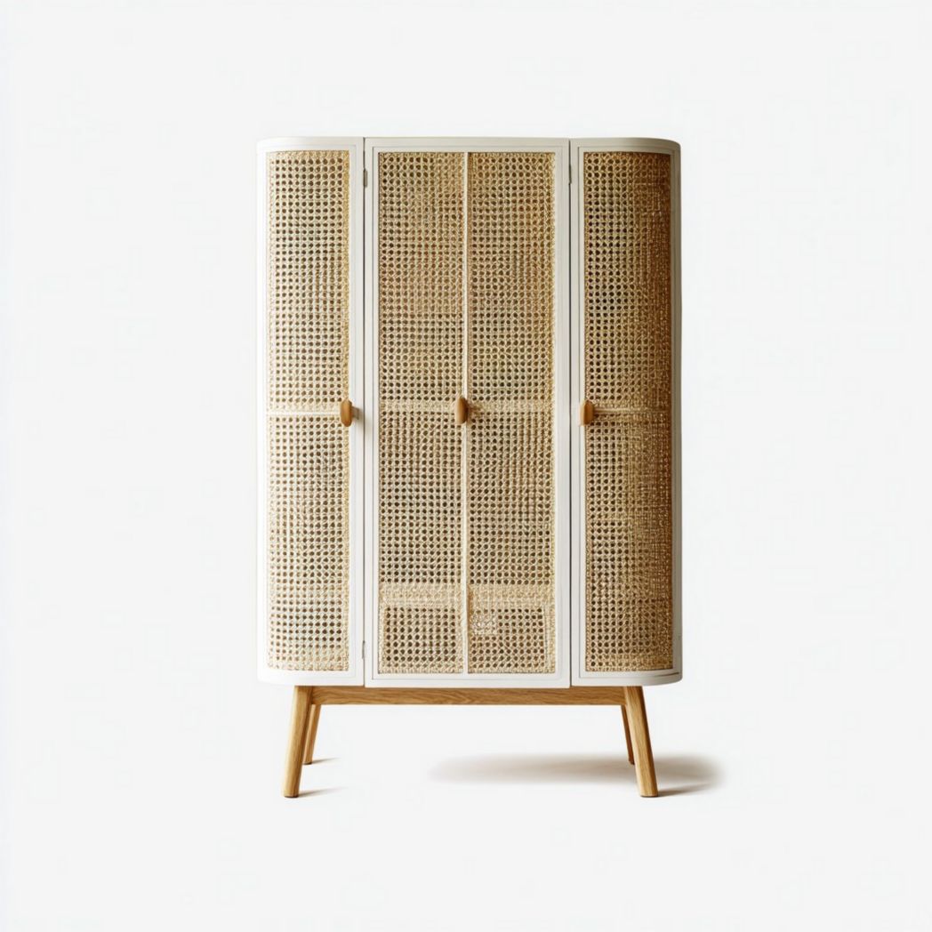 Witte opbergkast met rotan voor in de woonkamer - 90 x 45 x 120